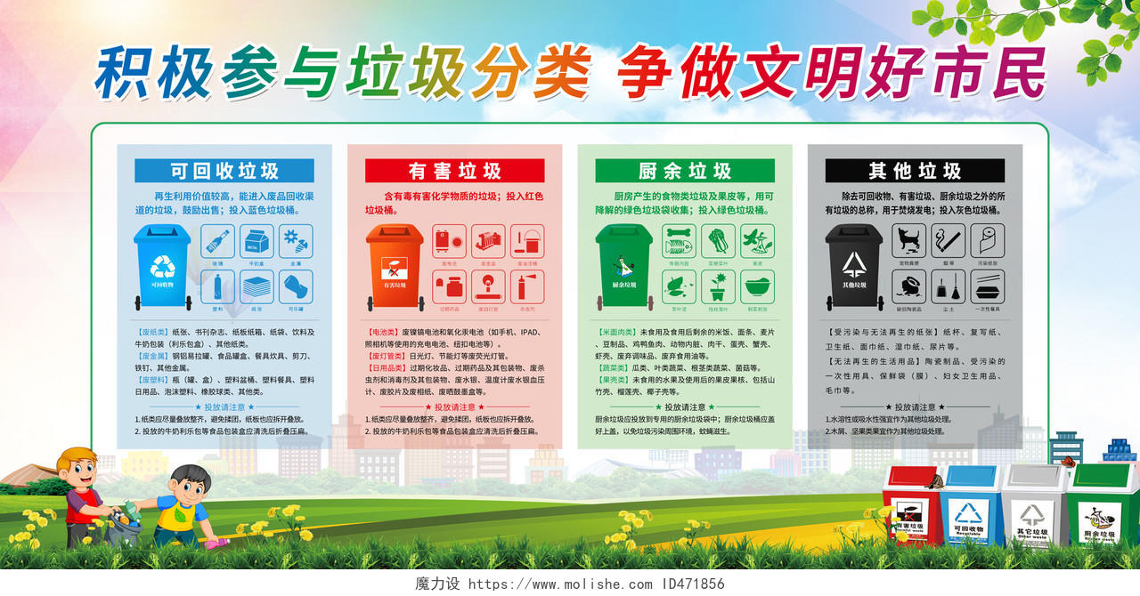 绿色卡通积极参与垃圾分类争做文明好市民垃圾分类展板